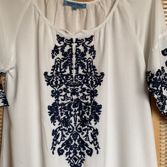 SOLITAIRE SWIM RAGLAN CREW NECK WHITE W. NAVY BLUE EMBROIDERY TUNIC/COVER‎ UP  L - Picture 7 of 9